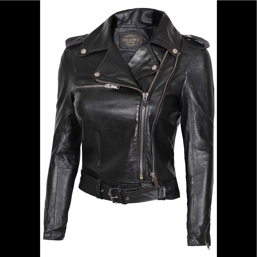 💫 🧳 Real  leather black moto jacket NWT - Picture 2 of 5